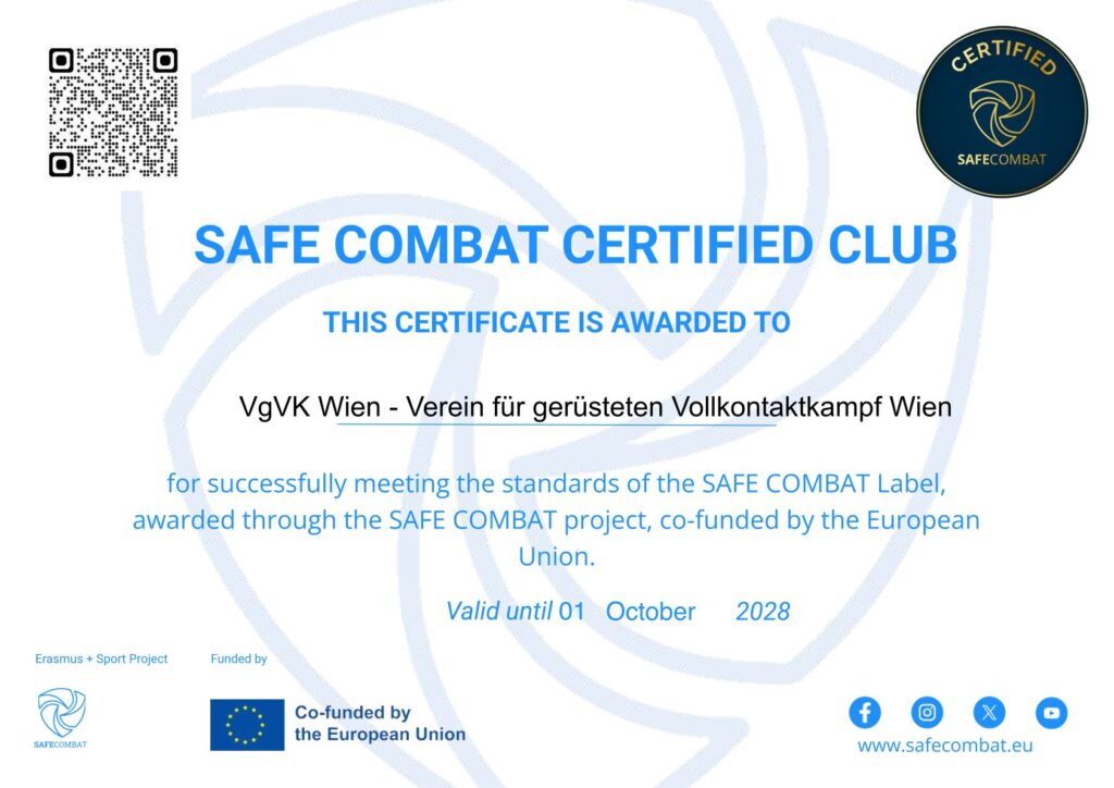 SAFE COMBAT Certified Club-Zertifikat für den VgVK Wien für die Erfüllung europäischer Safeguarding-Standards im Kampfsport, gültig bis 1. Oktober 2028.